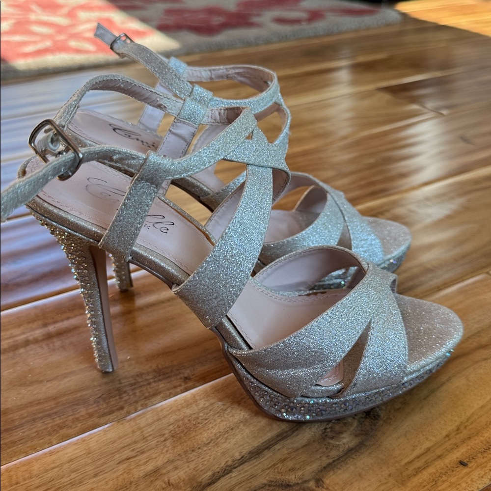 Camille La Vie Silver Glitter Strappy Heels - Picture 2 of 10